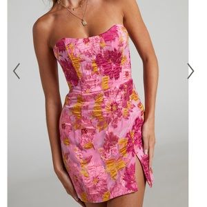 Mini strapless dress.